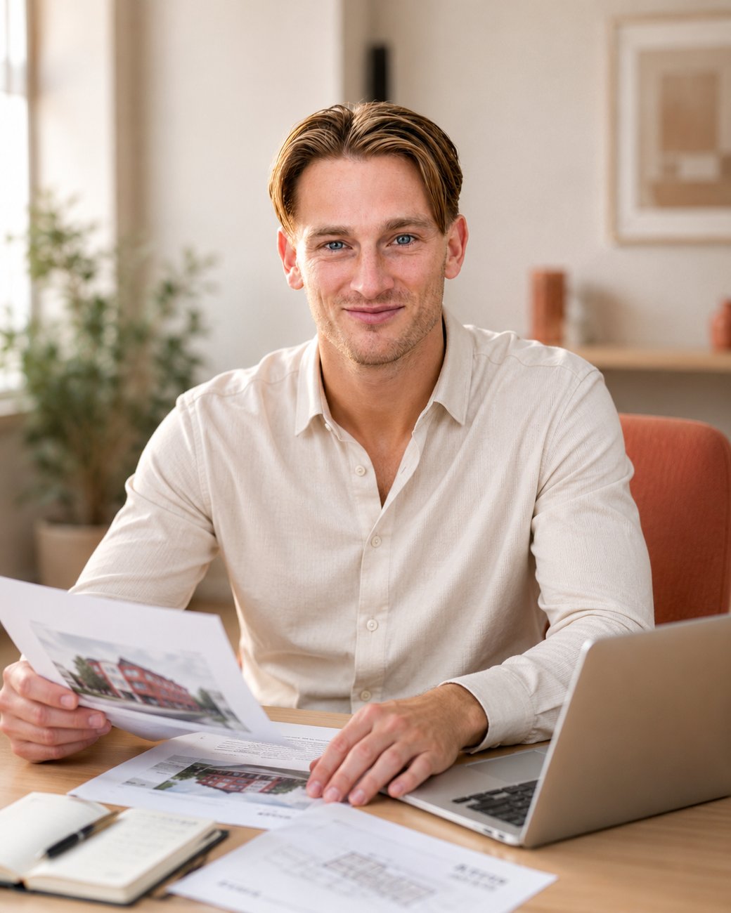 Paco Romero Fuster aan zijn bureau, met een taxatierapport en woningfoto's voor zich